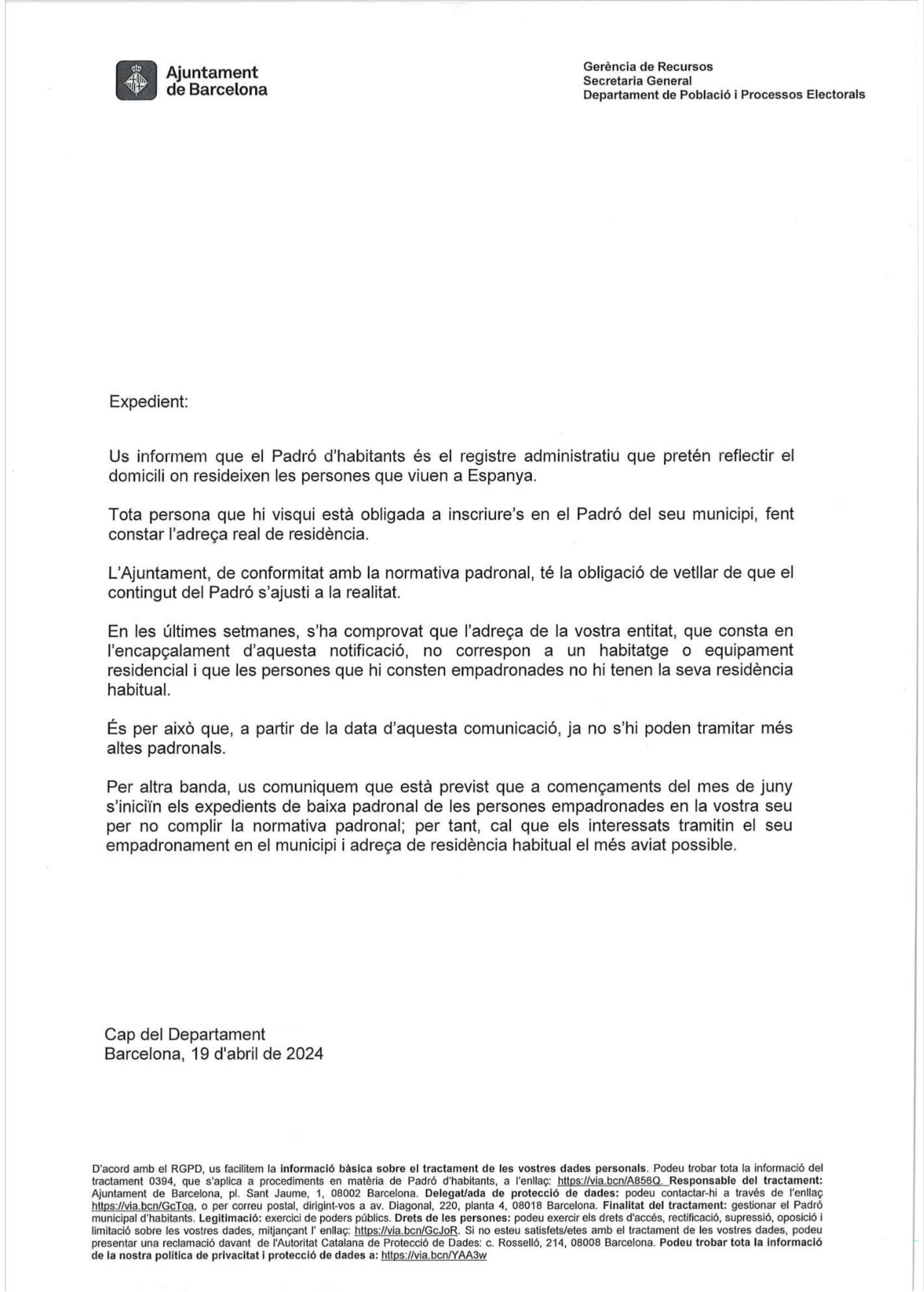 Carta enviada per l'Ajuntament de Barcelona. Font: Fundesplai.